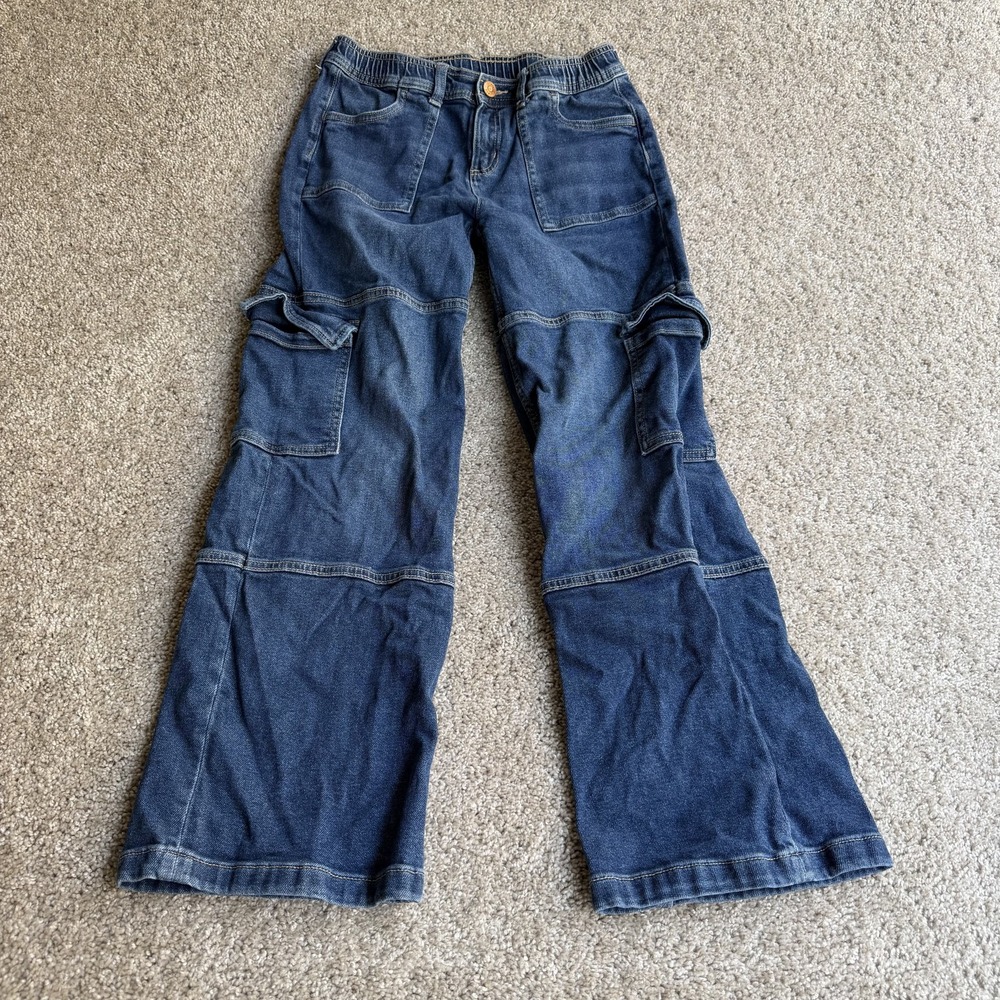 Justice Jeans Girls 16 Blue Wide Leg Relaxed Denim Elastic Waist Cargo Pants